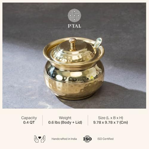 P-TAL Brass Oil Pot, Oil Container, Storage Jar, Ghee Pot with Spoon for Kitchen & Dining, made of Pure Brass (250 mL) - 8.5 oz