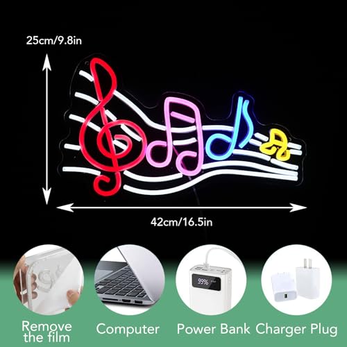 Image of Musical Staff Note Neon Sign Led Music Neon Light for Wall Decor Dimmable USB Power Musical Light Up Sign for Music Studio Classroom Party Bar Bedroom