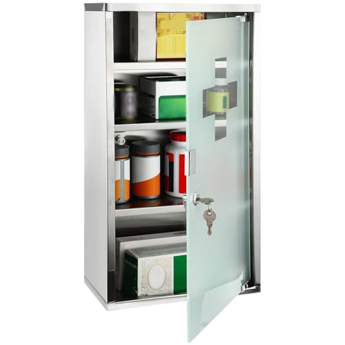 Timgle First Aid Wall Cabinet with Lock Medicine Wall Mounted Bathroom Storage Hanging Medical Cabinet with Safety Glass Door for Bathroom(4 Shelves,Silver)
