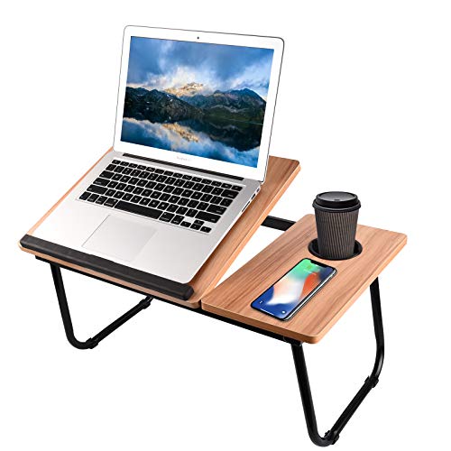 Bed Desk with Cup Holder, Laptop Table for Bed Adjustable Portable Computer Tray for Bed, SMTTW Laptop Desk for Bed, Foldable Small Desk for Writing, Laptop Bed Tray for Bed and Sofa-Brown
