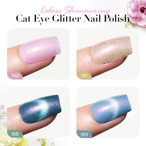Image of AZUREBEAUTY Magnetic Cat Eye Nail Polish Set - 2 Cat Eye & 2 Glitter Colors with Top Coat, Chrome Shimmer Gel Effect, Quick Dry Long Lasting DIY Nail Kit for Salon Home