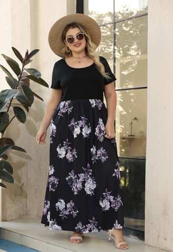 Nemidor Plus Size Maxi Dresses for Curvy Women Casual Summer Short Sleeve Chevron Print Long Dress with Pocket 14-264