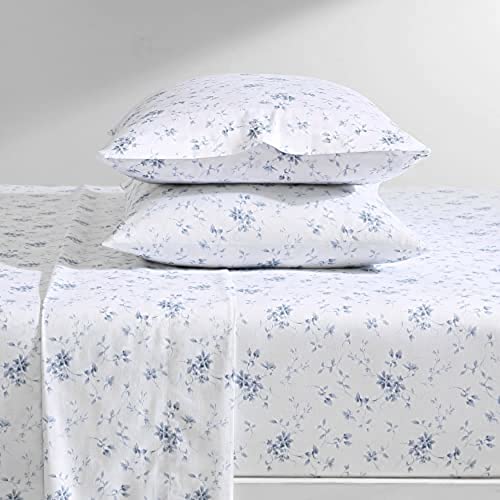 Image of Laura Ashley - Queen Sheet Set, Buttery-Soft Bed Sheets with a Naturally Silky Smooth Cotton Sateen Lightweight Feel - Matching Pillowcases & Fitted Sheet (Garden Muse Blue)