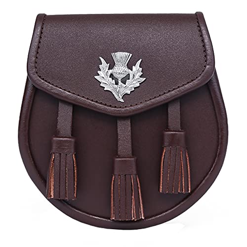 Image of Scottish Original Leather Sporran with Leather Belt & Chain (Brown Thistle with Tassels)