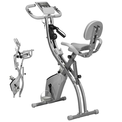 HOMCOM Bicicleta Estática Plegable Regulable en Altura Resistencia Magnética Ajustable Bici Estática con Pantalla LCD y Asiento con Respaldo Sensor de Pulso Carga 120 kg para Casa 105x48x118 cm Gris