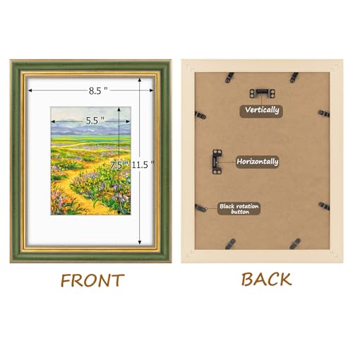 Image of Golden State Art,9x12 Ornate Picture Frame Holds 6x8 Photo,Green Gold | Includes real glass front,white mat,build-in hangers and buttons.Displays 6x8 photo on wall