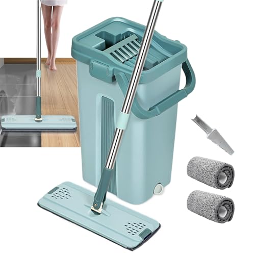 Trapeador de piso y cubo, herramienta de limpieza plana para manos, sistema de almacenamiento vertical compacto, almohadillas de microfibra reutilizables, salpicaduras, para uso doméstico y cocina, 41