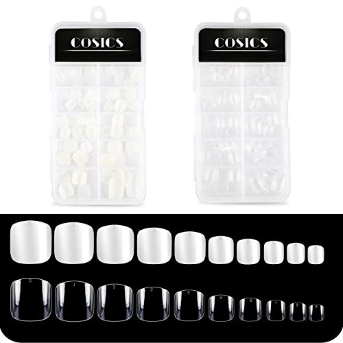 Short Square Nails Full Cover, 200PCS Cosics Little Girl Press On Nails Clear & Natural, 10 Sizes Artificial Acrylic False Nail Short Tips with Storage Organizer for Nail Salon Nail Art DIY, Manicure