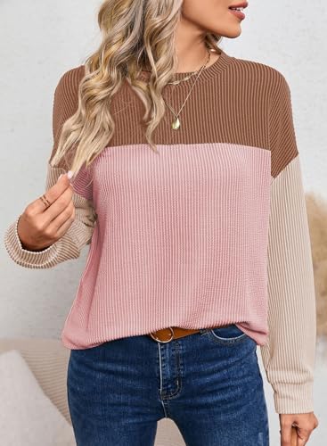 Image of Dokotoo Womens Tops Fashion 2026 Color Block Long Sleeve Shirts for Women Crewneck Knitted Casual Loose Blouses