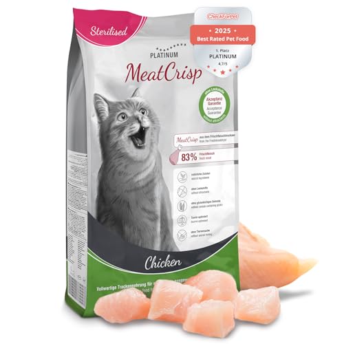PLATINUM - Katzenfutter MeatCrisp Sterilised Chicken aus dem Frischfleischtrockner - 1,5kg Trockenfutter für Katzen mit 83% Frischfleisch - Crispy Biss - reduzierter Kaloriengehalt