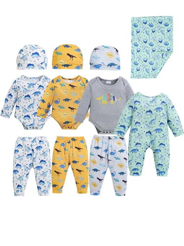 Renotemy Baby Boy Girl Clothes Fall Winter Essentials 11-Piece Layette Set with Bodysuits, Pants, Hat, Jumpsuit, Blanket Infant Unisex Outfit Gift for Coming Home, Shower Gifts (3-6 Months,Dinosaur)