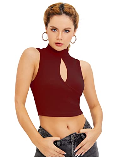 Image of Shasmi Women's & Girl's Black and Maroon Solid Ribbed High Neck Stand Collar Sleeveless Slim Fit Cut Out Tank Tops (Top 43)