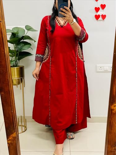 Image of MEERA FAB Women Floral Printed Pure Cotton Straight V-Neck Kurta with Palazzos & Dupatta