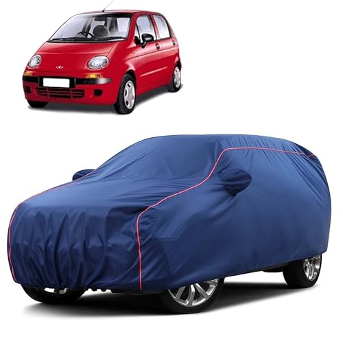 Image of Sulfar 100% Water Resistant Car Body Cover Compatible with Mirror for Daewoo Matiz (Triple Stitched, Full Bottom Elastic, Blue Taffeta with Red Piping)