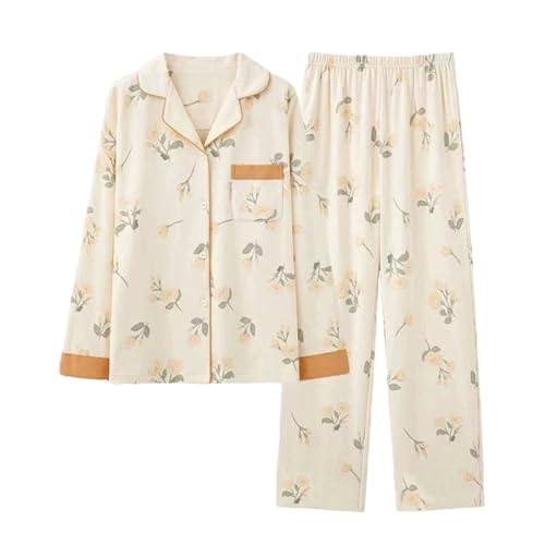 Image of NSICBMNO Beige Cotton Pyjamas For Women Uk Long Sleeve Pjs Winter Two Piece Outfit Lounge Wear Sets Floral Blouses Button Up Shirts Elastic Waist Trousers Pj Bottoms Nightwear Sleepwear Plus Size