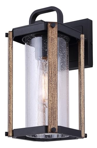 Canarm AKI 1-Light Outdoor Lantern, 7.5-Inch Black Wall Mounted with Wood Accent and Seeded Glass, Rustic Wet-Rated Lighting for Porch, Garage and Entryway
