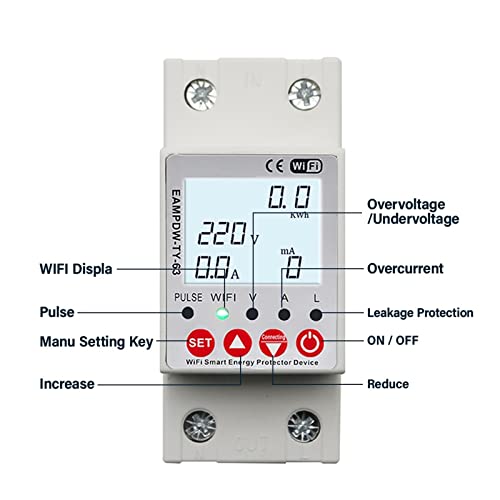 WiFi Smart Circuit 2P 63A, TUYA-app, lek- en overspanningsbeveiliging, relaisapparaat, stroomonderbreker, energiemeter, KWH