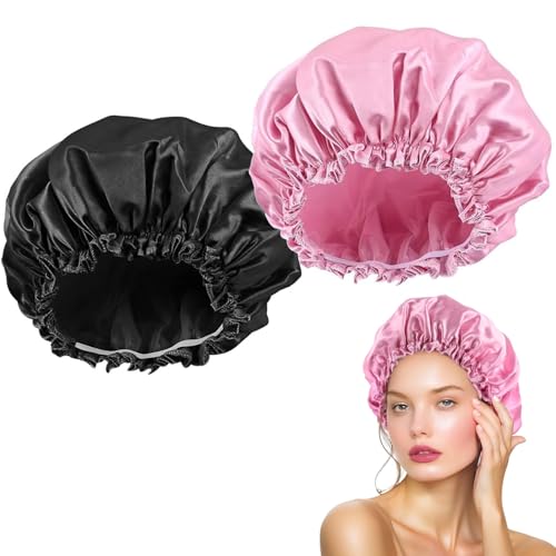 Lot de 2 bonnets de douche en satin imperméables pour femmes et filles - Élastiques et réutilisables - Pour le bain, le spa, le salon de maquillage (Noir + Rose)