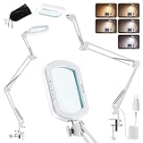 10X Rechteckige Lupe mit Licht und Klemme, 3 Arme und 5 Farbmodi Lupenlampe, Große LED Weiß Lupenleuchte mit Freisprechfunktion für Lesen, Handwerk, Schmuckreparatur, Malerei, Feinarbeiten und Hobbys