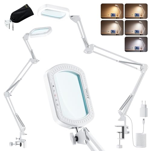 10X Rechteckige Lupe mit Licht und Klemme, Weiß Lupenlampe mit 5 Farbmodi