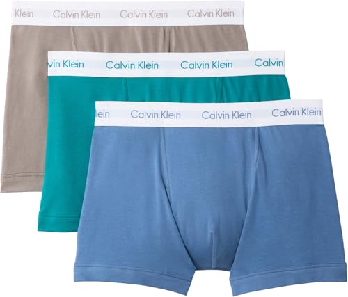 Calvin Klein Men’s 3 Pack Trunks Underwear, Multicolor (Driftwood W White Wb/Moonlight Blu), XS