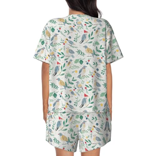 Pijama de 2 piezas de manga corta con estampado de pájaros y flores ropa de dormir de mujer 4