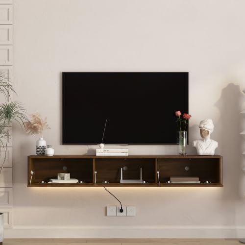 Ferand Floating TV Stand Wall Mounted with LED Lights & Power Outlet, High Gloss Modern TV Shelf Unit with Storage Cabinets, Media Console for Living Room, Holds TV Accessories, Game Consoles & Decor