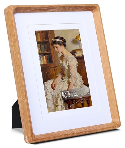 Image of 8x10 Picture Frame with Mat for 5x7 /6x8, USA-Sourced Natural Teak Wood Handcrafted Rounded Corner with Real Glass, Vertical or Horizontal Display Photo Gallery Wall & Tabletop Frame