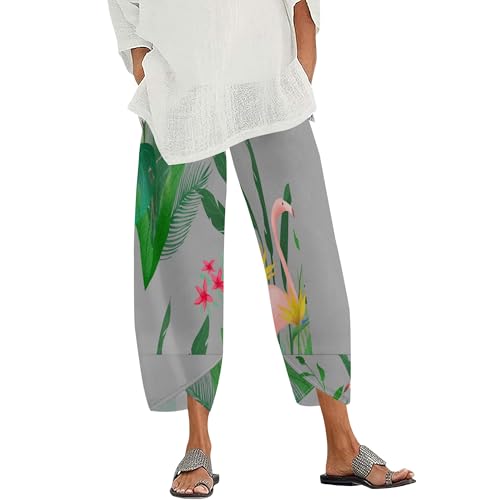 Womens Capris Pants 2025 Summer Patterned Print Wide Leg Elastic High Waist Trousers Plus Size Pant with Pockets