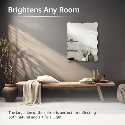 Image of Amazon Basics Frameless Rectangular Glass Wave Wall Mount Mirror with Beveled Edges - Decorative Bathroom, Bedroom, Living Room, Dressing Room & Entryway Mirror - 45 x 0.4 x 60 cm