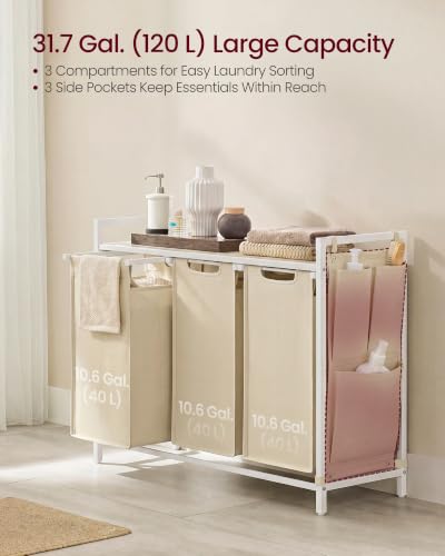 Image of VASAGLE Laundry Hamper with Shelf, 3 Pull-Out Bags, 3 x 10.6 Gallons (40 L)