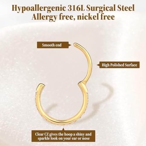 Lusofie 18K Nose Ring Hoop with Zirconia Hinged Nose Rings Surgical Steel Nose Piercings Septum Rings Fake Nose Ring Hoop Nose Rings for Women Man (Gold) - Image 2