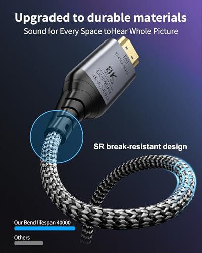 Image of Fiber Optic HDMI Cable 10ft, 8K Long Active HDMI 2.1 Cable 48Gbps Ultra High Speed Braided 8K@60Hz 4K@120Hz, Dynamic HDR, eARC, HDCP 2.2&2.3, 3D, for Laptop, PC, PS5, Xbox, HDTV, Projectorr, Monitor