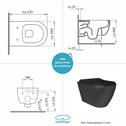 Alpenberger Hänge WC Spülrandlos in Schwarz Matt | Gäste WC Kloschüssel & Toilettendeckel mit Absenkautomatik | Keramik Toilette mit Nano Beschichtung | Wand WC Set Passend zu Geberit (Insara 9025) – Bild 7
