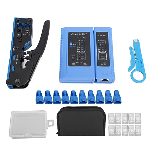 Kit de crimpadora profesional RJ45 para cable de red con comprobador para cable Ethernet Cat5e, Cat6, Cat6a, compacto, ligero, multifuncional, pelado, corte,