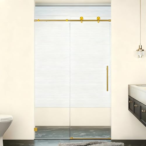 Image of 46-48 inch W x 76 inch H Frameless Sliding Shower Door, Bathroom Soft-Close Shower Glass Doors with 5 /16 inch (8mm) SGCC Tempered Glass and Stainless Steel Hardware, Reversible Installation, Brushed Gold