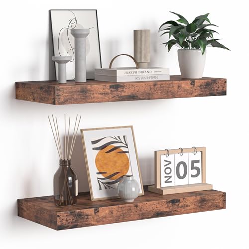 Fun Memories Floating Shelves - 16 Inch Rustic Brown Wall Shelf - Wall Mounted Shelves for Wall Decor Storage - Wooden Shelves with Invisible Brackets for Living Room, Bedroom, Kitchen, 2 Pack