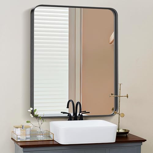 Sweetcrispy Black Bathroom Vanity Mirror for Wall, 24x36 Inch Metal Framed Wall Mirror Farmhouse Rectangle, Anti-Rust, Tempered Glass, Hangs Horizontally or Verticall