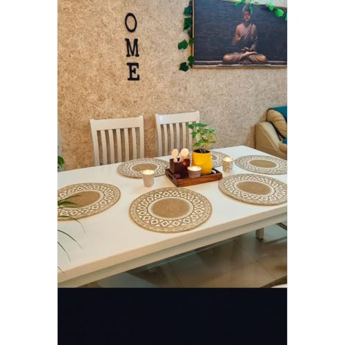 Image of Jute Cotton Round Table Mats Set of 6 - Dining Table mat 6 Pieces Waterproof, Elegant and Durable for Dining Table (Beige Ultimate)