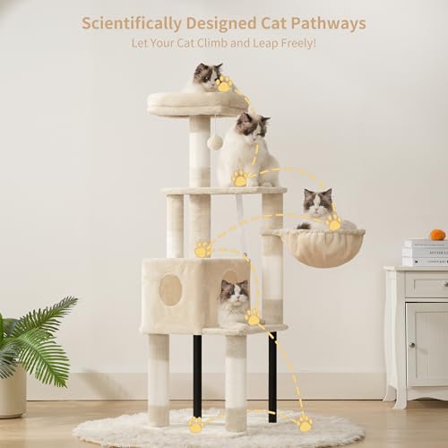 Image of Heybly Cat Tree with Toy, 49.2 inch Cat Tower for Indoor Cats HCT200SM | Spacious Cat House Condo with Hidden Space,Soft Plush Top Perch,Cozy Hammock and Sisal Scratching Posts, Beige