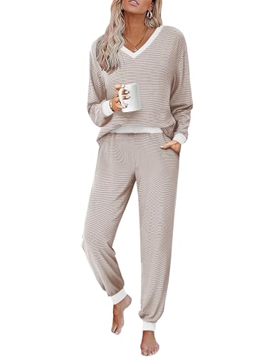 JUSTFASHIONNOW Womens Long Sleeve Striped Pajama Sets 2 Piece Jogger