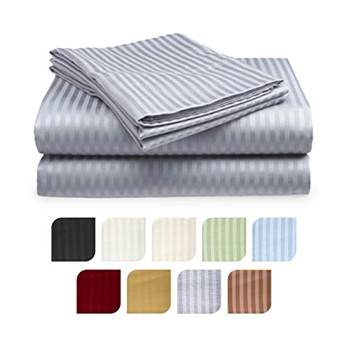 Crystal Trading 4-Piece Bed Sheet Set - Dobby Stripe - 100% Cotton Sateen - 300 Thread Count (Queen, Silver)