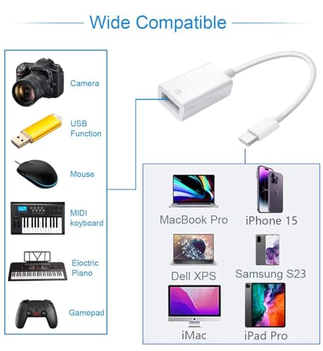 Image of USB-C to USB Adapter for iPhone 15 Pro Max MacBook Pro Air 2023 iMac iPad Mini Pro, Apple MFi Certified USB OTG Cable Converter Support Camera, Card Reader, USB Flash Drive, MIDI Keyboard (White)