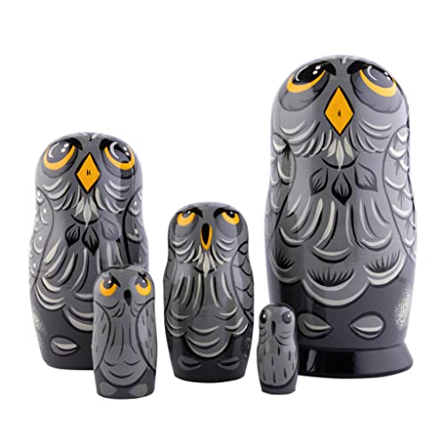 Heka Naturals Búho Muñecas de Anidación | Set de 5 (18 cm) Muñecas de Madera Matrioska - Tradicional Babushka Decoración Hogar, Juguetes de Madera, Hechos a Mano