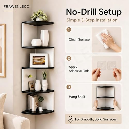 FRAWENLECO No-Drill Corner Shelf Wall Mount, 5-Tier Floating Corner Bookshelf with Hooks, Space-Saving Zigzag Plant Shelf for Bedroom, Living Room, Bathroom, Home Office(Black & White) — view 3