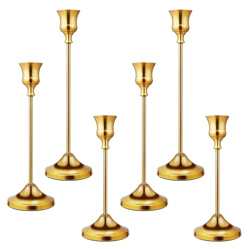 Candlestick Holders 6 PCS Metal Taper Candle Holders, KSWING Gold Candle Stick Holders Set, Perfect for Table Centerpiece Mantel Party Wedding Christmas Home Decor, Set of 6 by KSWING - Used condition - US$14.64