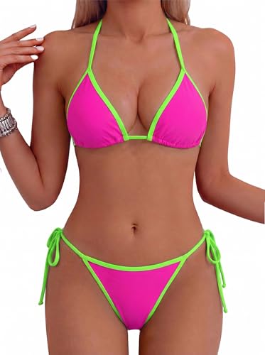 Tainehs Women's Sexy Halter Thong Bikini Tie Two Sides Bottom Color Block SwimsuitsTriangle Bathing...