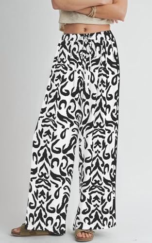 Image of PRETTYGARDEN Womens Pants Elastic Waist Floral Lightweight Palazzo Pants for Women Casual Lounge Wide Leg Pants Woman