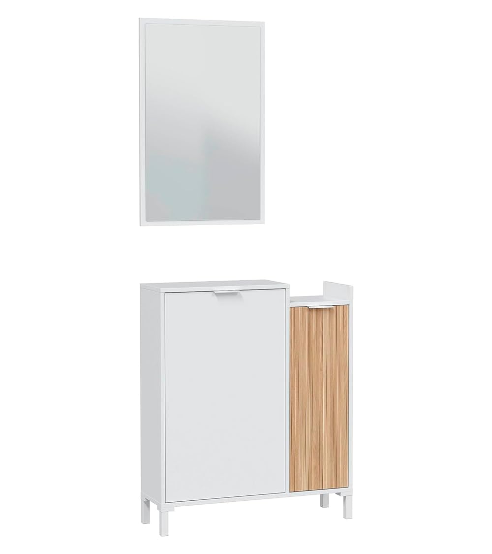 Home Heavenly® - Recibidor con Espejo de Pared de 77x50 cm Edith. Mueble Entrada 2 Puertas y estantes Interiores. (Blanco Artik - Natur)