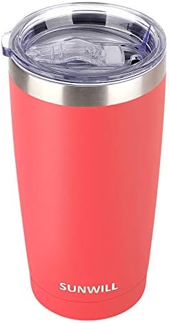 SUNWILL 20oz Tumbler with Lid, Stainless Steel Vacuum Insulated Double Wall Travel Tumbler, Durable Insulated Coffee Mug, Powder Coated Coral, Thermal Cup with Splash Proof Sliding Lid